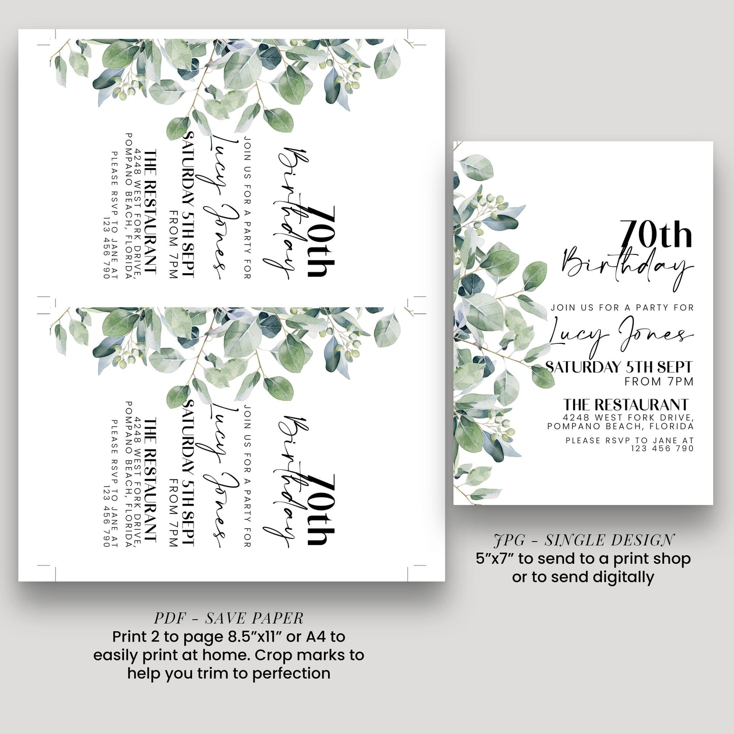 a birthday party invitation for Lucy Jones' 70th birthday party. The invitation features a green leaf design and includes details about the party, such as the date, time, location, and RSVP information.