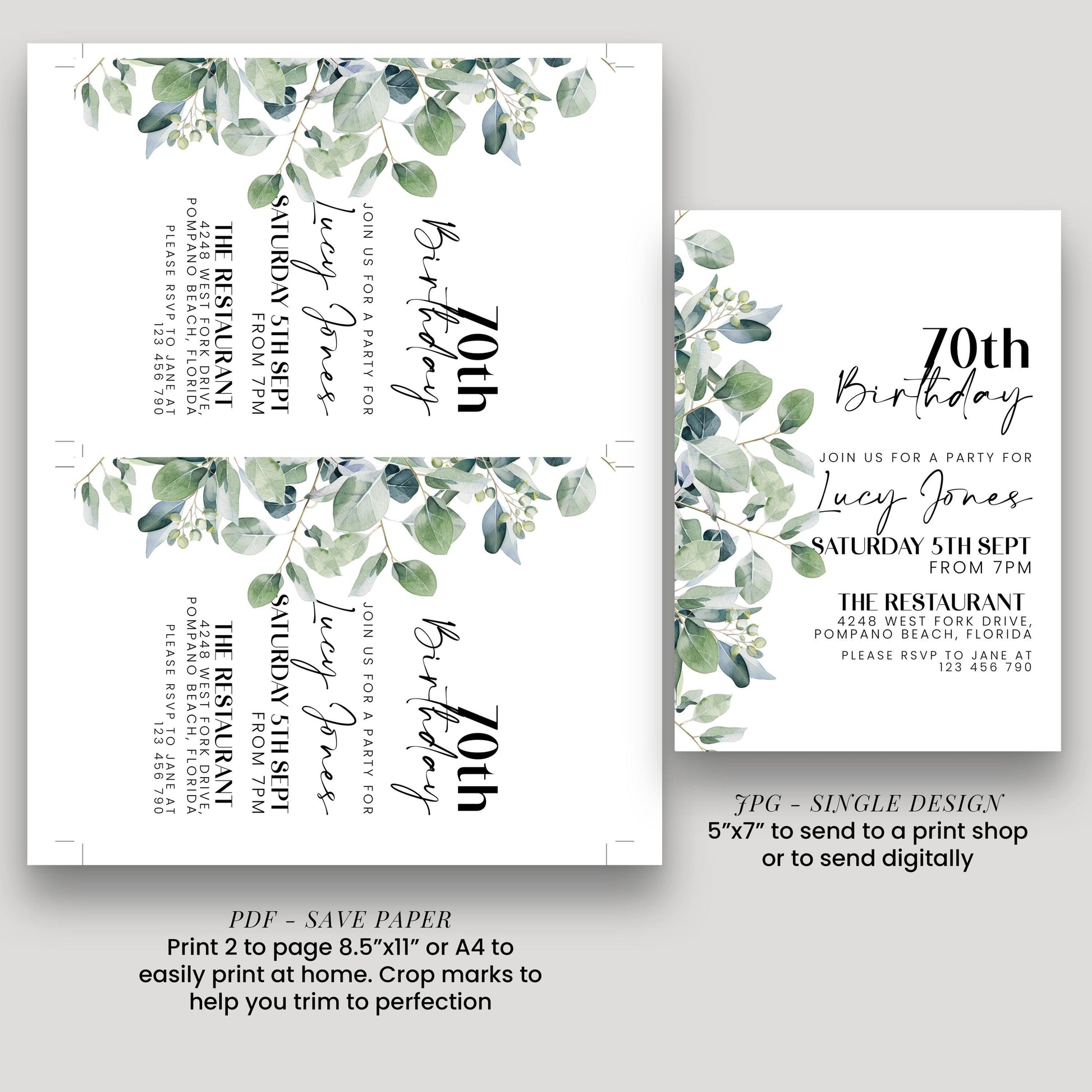 a birthday party invitation for Lucy Jones' 70th birthday party. The invitation features a green leaf design and includes details about the party, such as the date, time, location, and RSVP information.