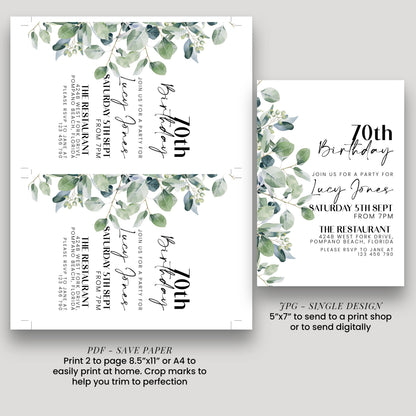 a birthday party invitation for Lucy Jones' 70th birthday party. The invitation features a green leaf design and includes details about the party, such as the date, time, location, and RSVP information.