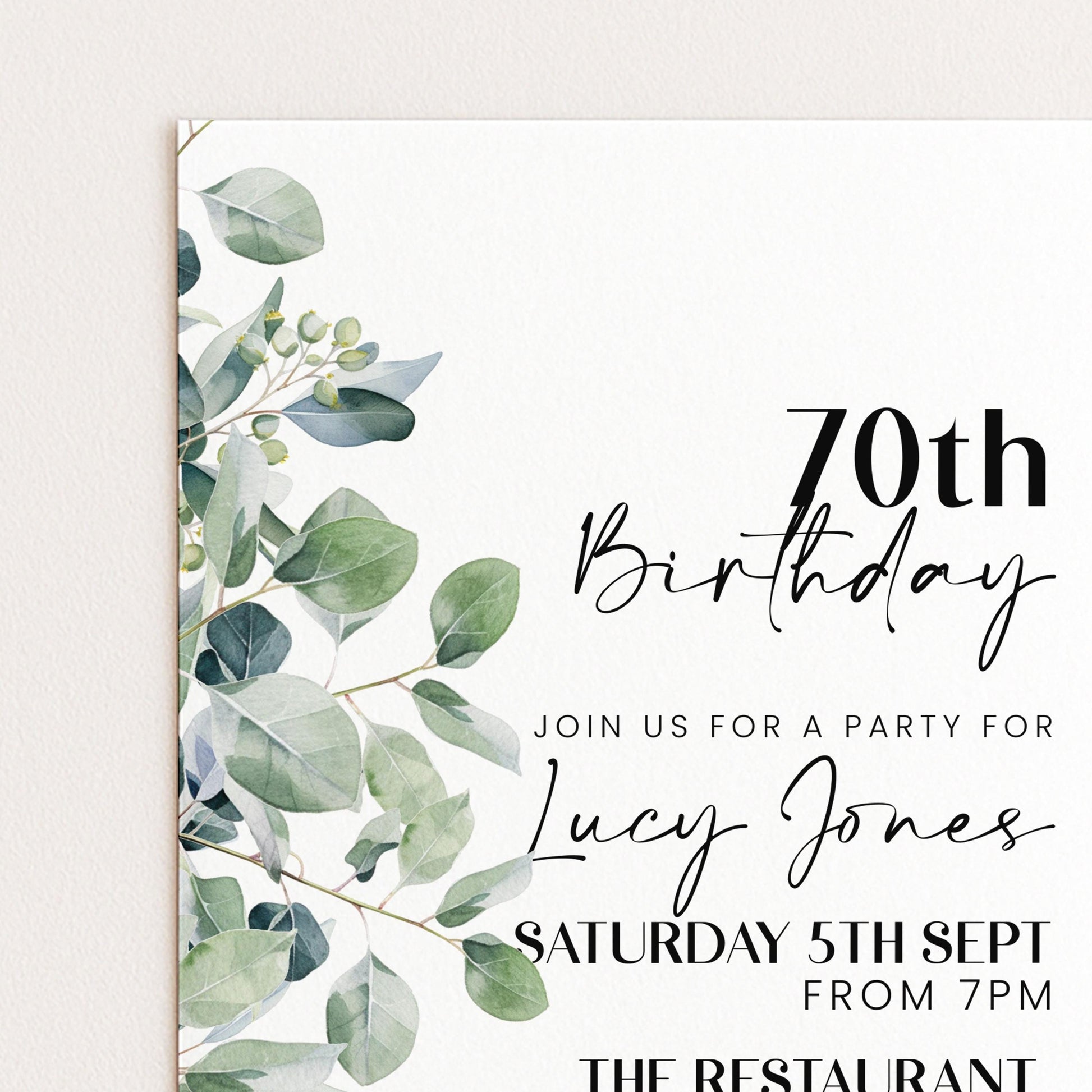 The image is a birthday party invitation for a 70th birthday celebration. It features a green leaf design and includes details about the party, such as the date, time, and location.