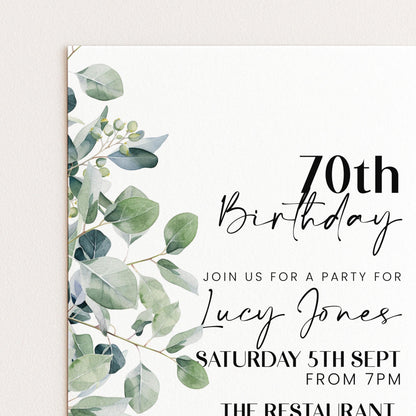The image is a birthday party invitation for a 70th birthday celebration. It features a green leaf design and includes details about the party, such as the date, time, and location.