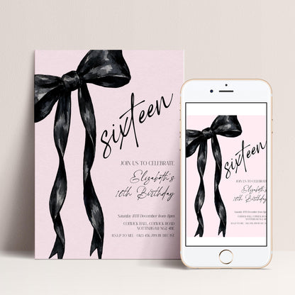 Sweet 16 Birthday Invitation, Pink Bow Birthday Invite, Editable Sixteen Party Invite, Teen Girl Birthday Invitation, Corjl