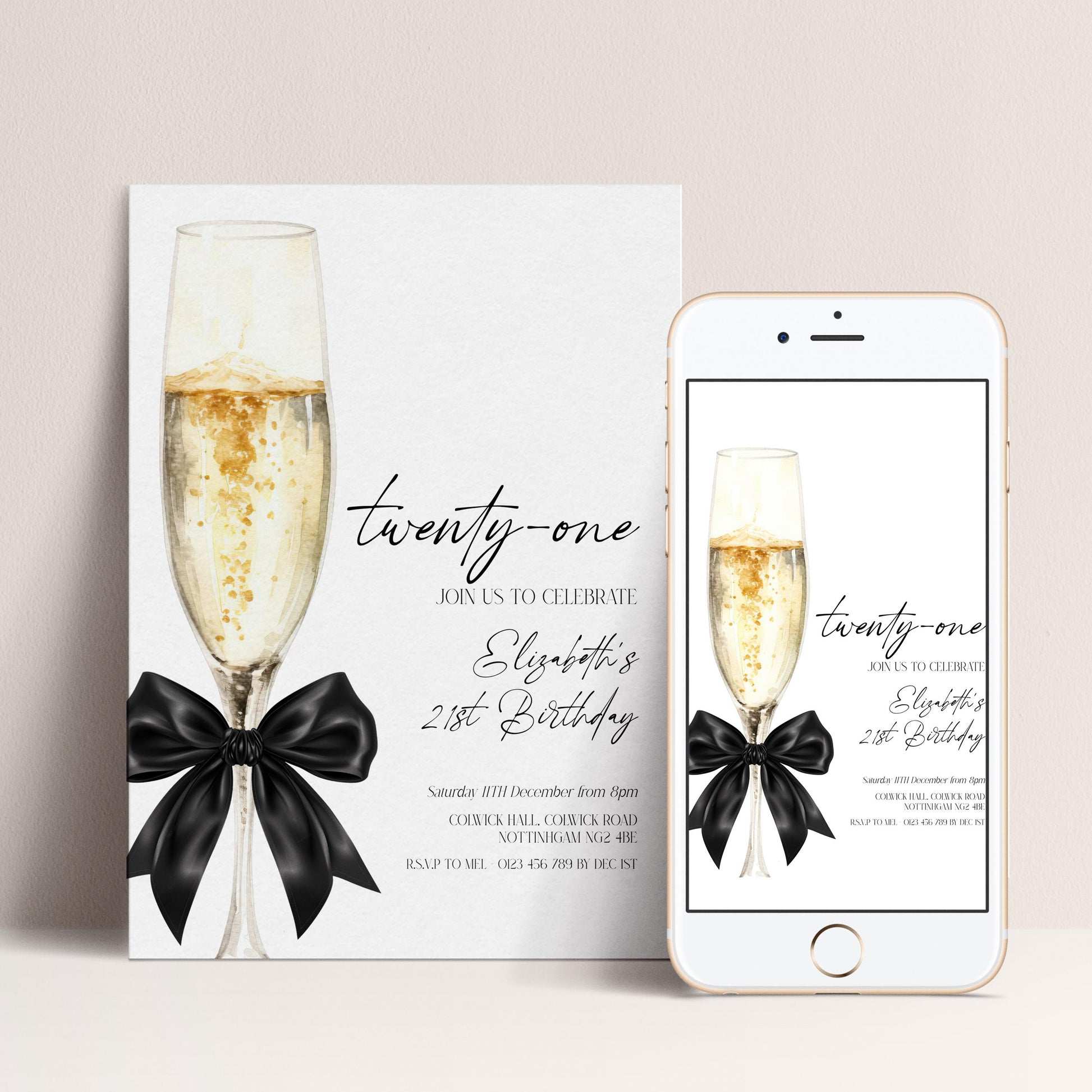 21st Birthday Invitation, Champagne Birthday Invite, Elegant Twenty One Party Invite, Editable Birthday Invitation, Corjl