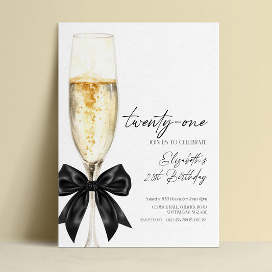 21st Birthday Invitation, Champagne Birthday Invite, Elegant Twenty One Party Invite, Editable Birthday Invitation, Corjl