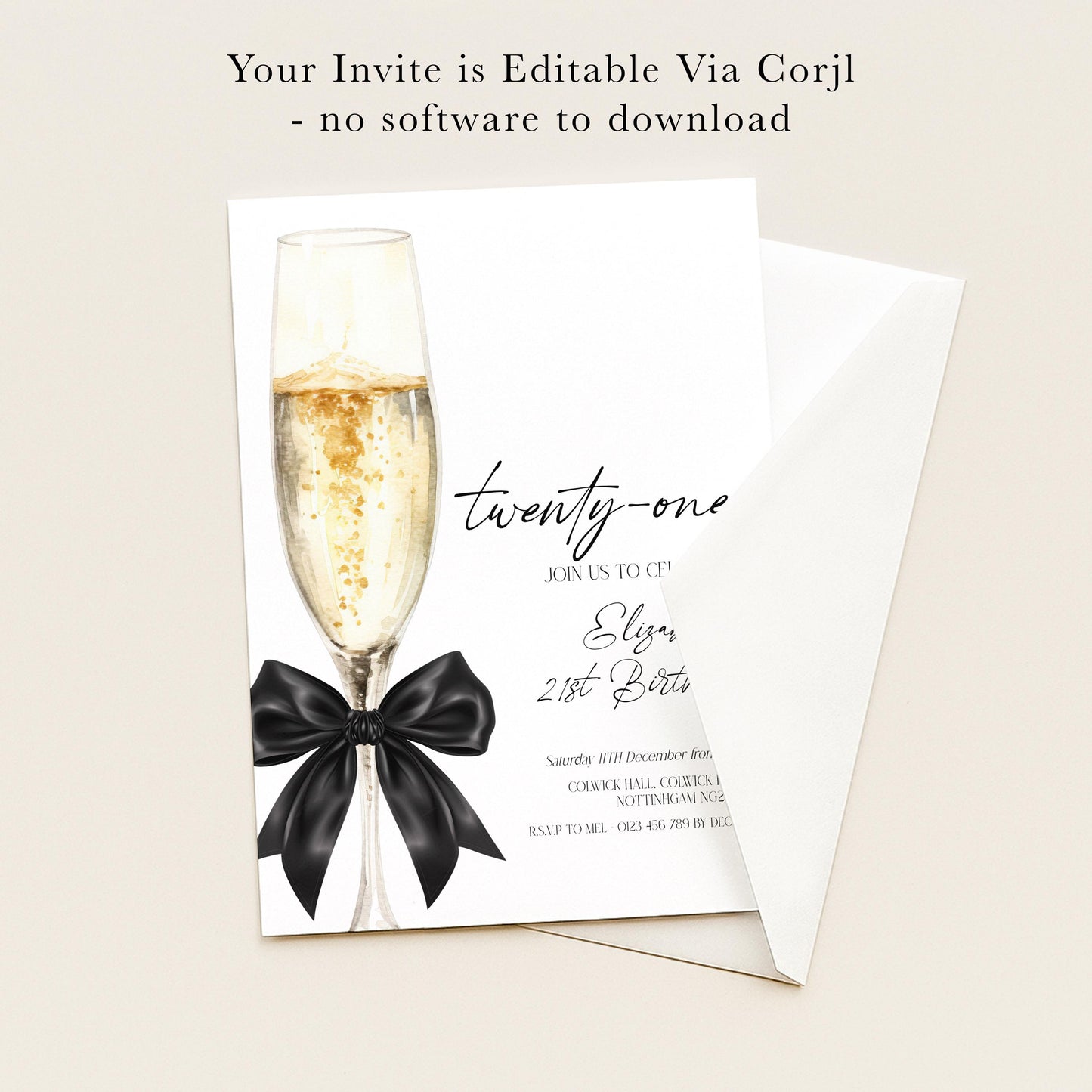 21st Birthday Invitation, Champagne Birthday Invite, Elegant Twenty One Party Invite, Editable Birthday Invitation, Corjl