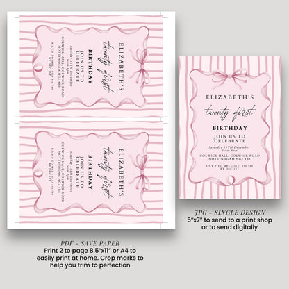21st Birthday Invitation, Pink Bow Birthday Invite, Elegant Twenty First Party Invitation, Editable Birthday Invite, Corjl