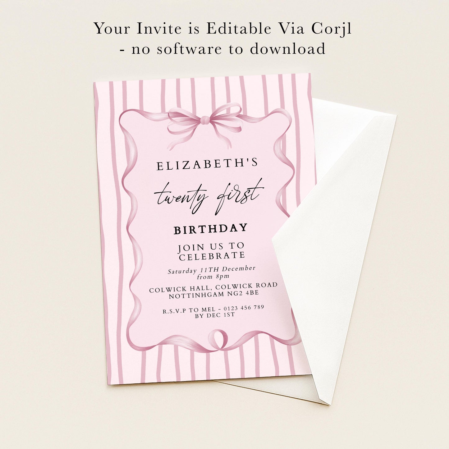 21st Birthday Invitation, Pink Bow Birthday Invite, Elegant Twenty First Party Invitation, Editable Birthday Invite, Corjl