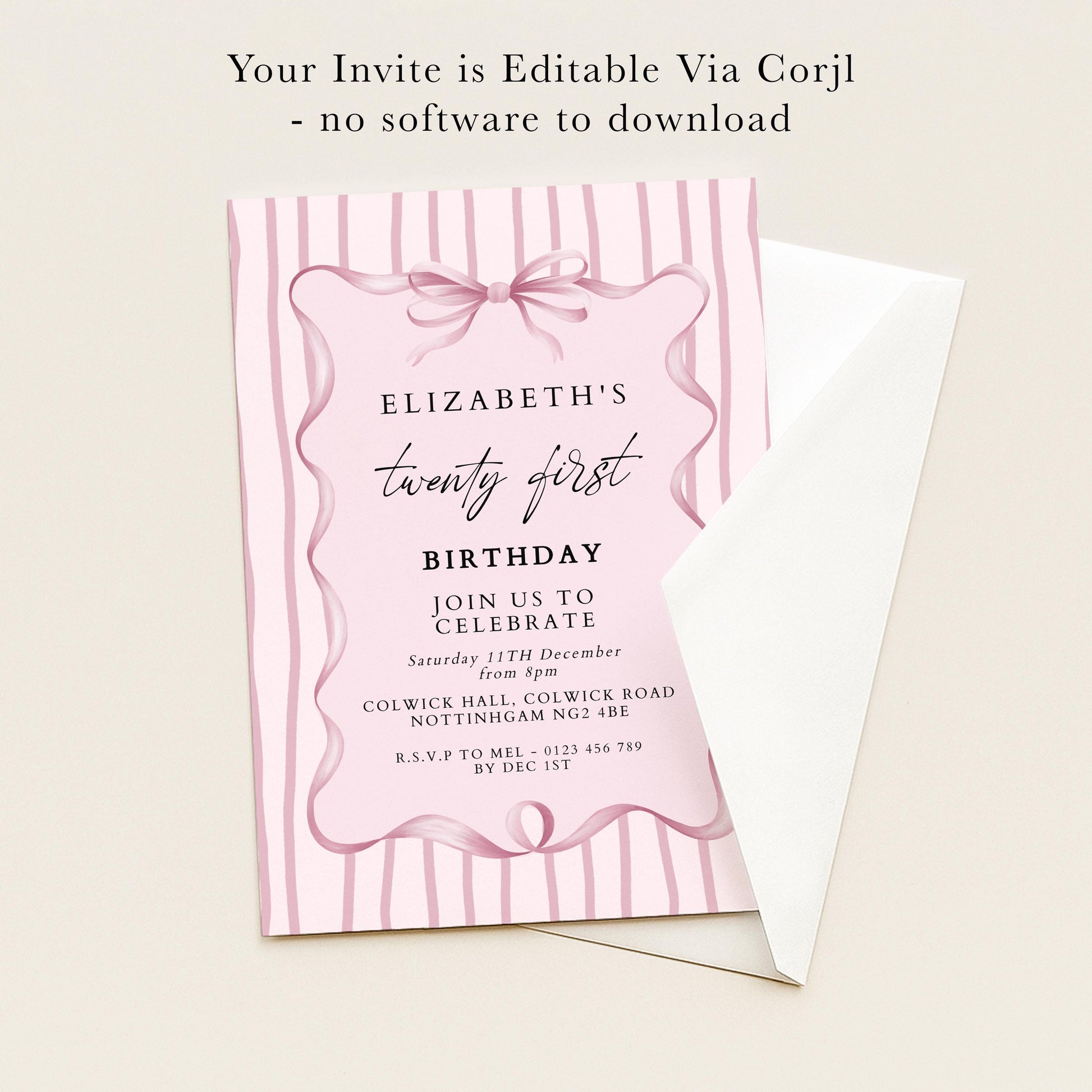 21st Birthday Invitation, Pink Bow Birthday Invite, Elegant Twenty First Party Invitation, Editable Birthday Invite, Corjl