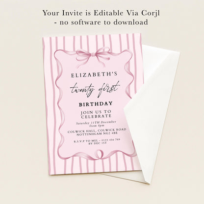 21st Birthday Invitation, Pink Bow Birthday Invite, Elegant Twenty First Party Invitation, Editable Birthday Invite, Corjl