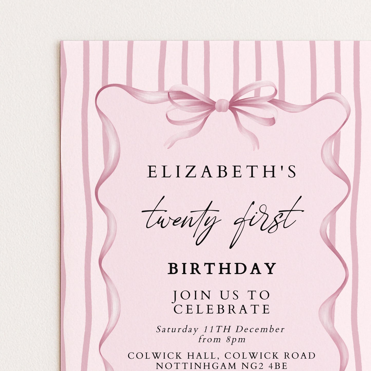 21st Birthday Invitation, Pink Bow Birthday Invite, Elegant Twenty First Party Invitation, Editable Birthday Invite, Corjl