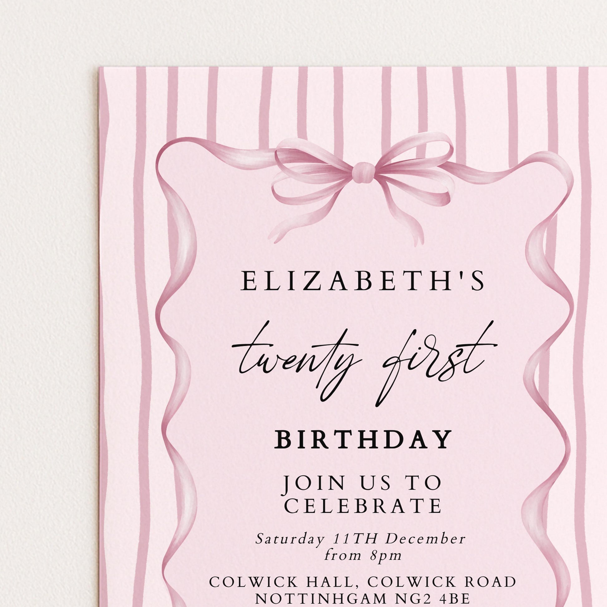 21st Birthday Invitation, Pink Bow Birthday Invite, Elegant Twenty First Party Invitation, Editable Birthday Invite, Corjl