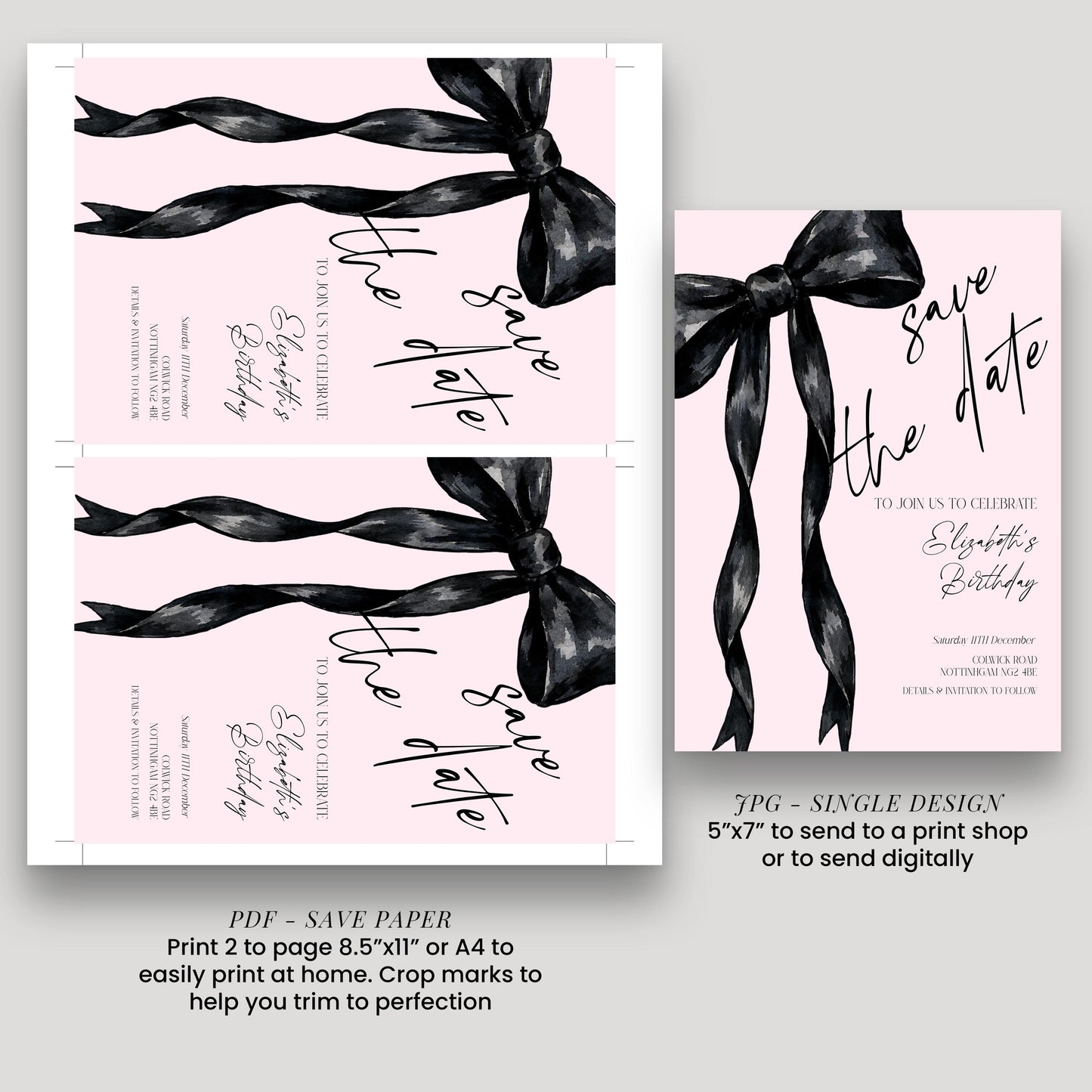 Birthday Save the Date Invitation, Black Bow Birthday Invite, Elegant Birthday Party Save the Date, Corjl