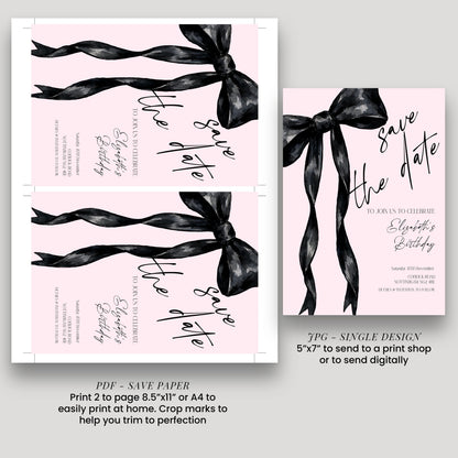 Birthday Save the Date Invitation, Black Bow Birthday Invite, Elegant Birthday Party Save the Date, Corjl