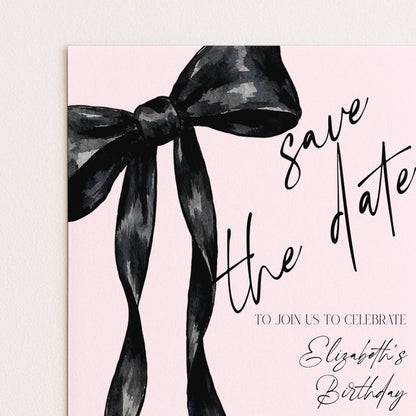Birthday Save the Date Invitation, Black Bow Birthday Invite, Elegant Birthday Party Save the Date, Corjl