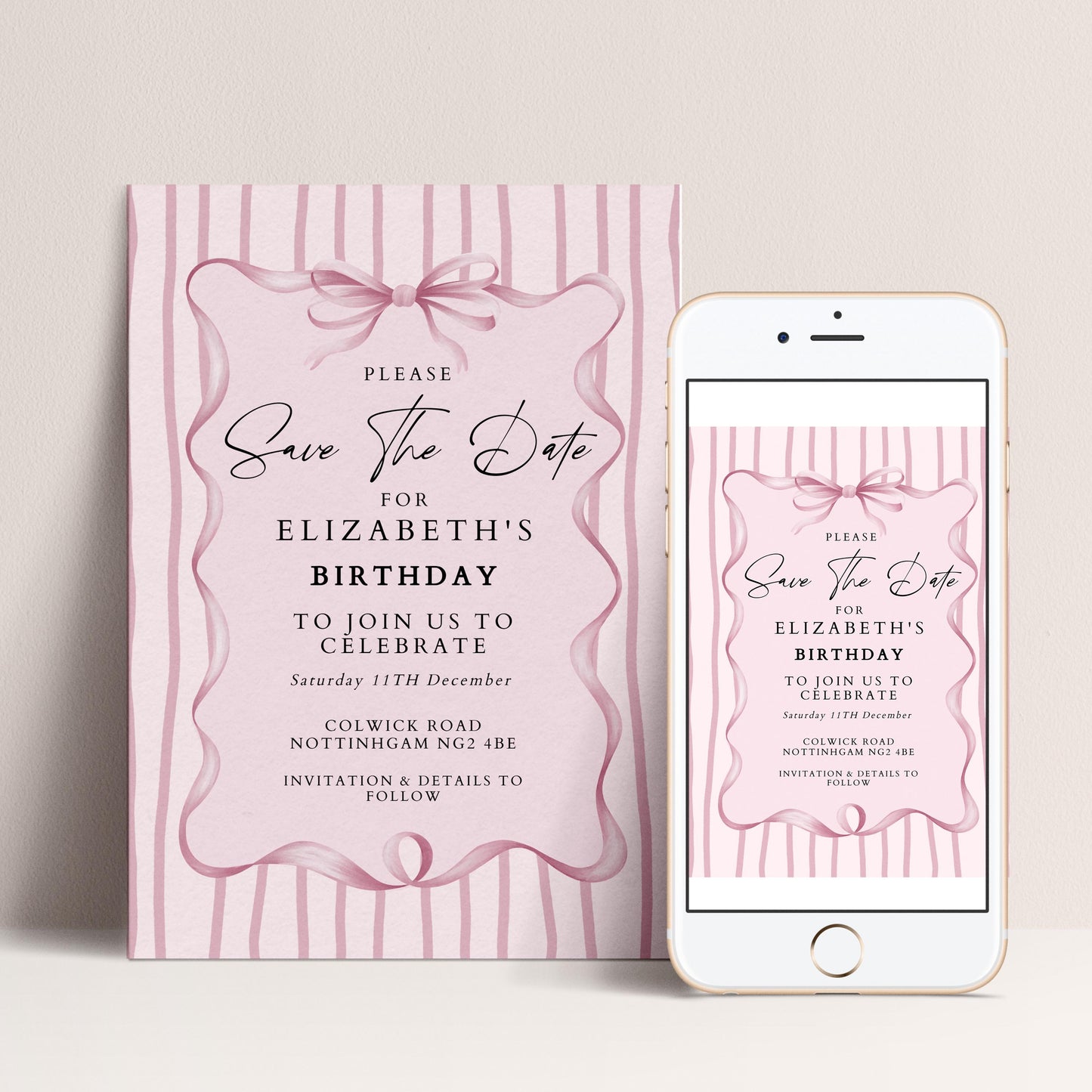 Birthday Save the Date Invitation, Pink Bow Party Invite, Elegant Birthday Save the Date, Editable Corjl Invitation