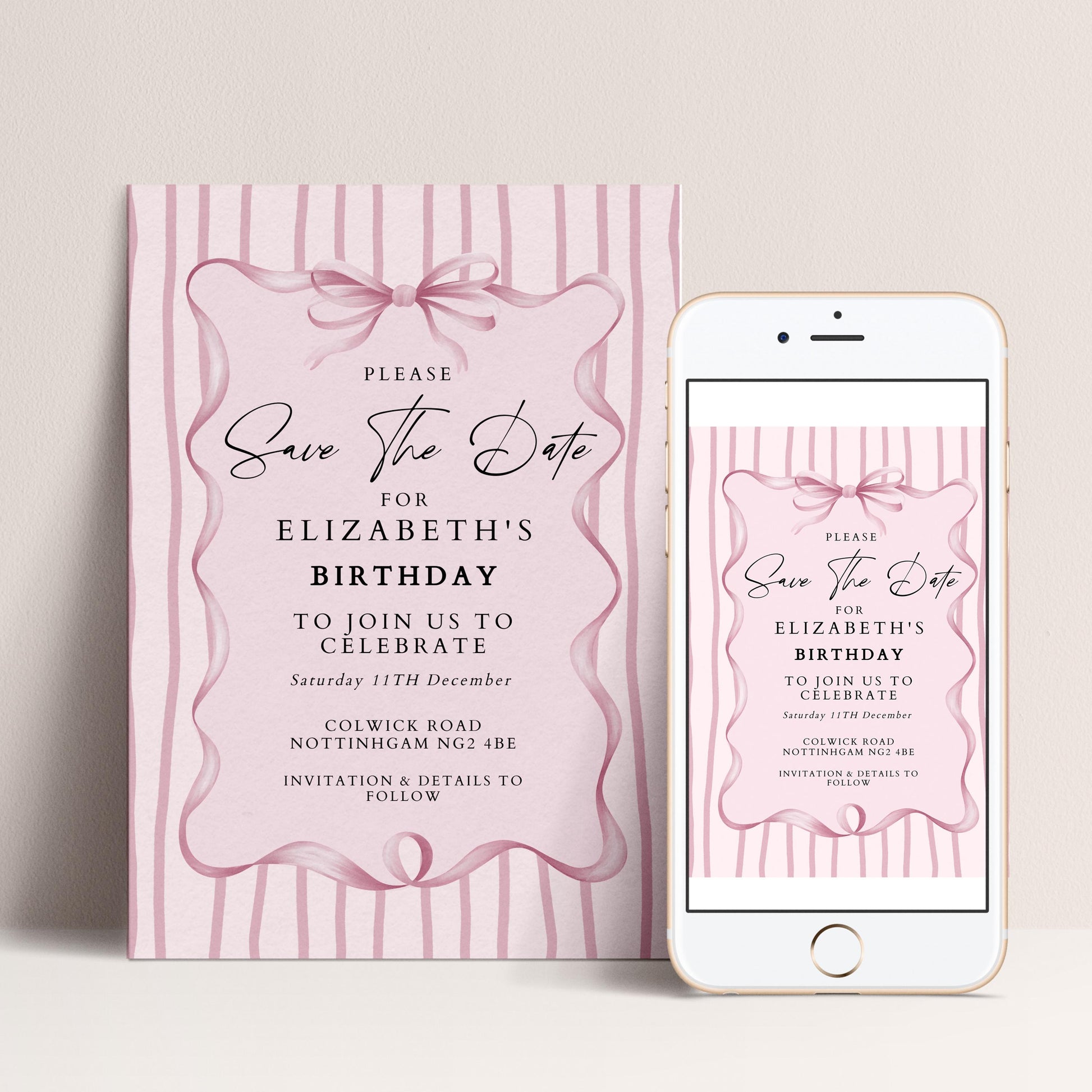 Birthday Save the Date Invitation, Pink Bow Party Invite, Elegant Birthday Save the Date, Editable Corjl Invitation