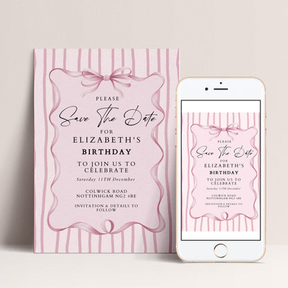Birthday Save the Date Invitation, Pink Bow Party Invite, Elegant Birthday Save the Date, Editable Corjl Invitation