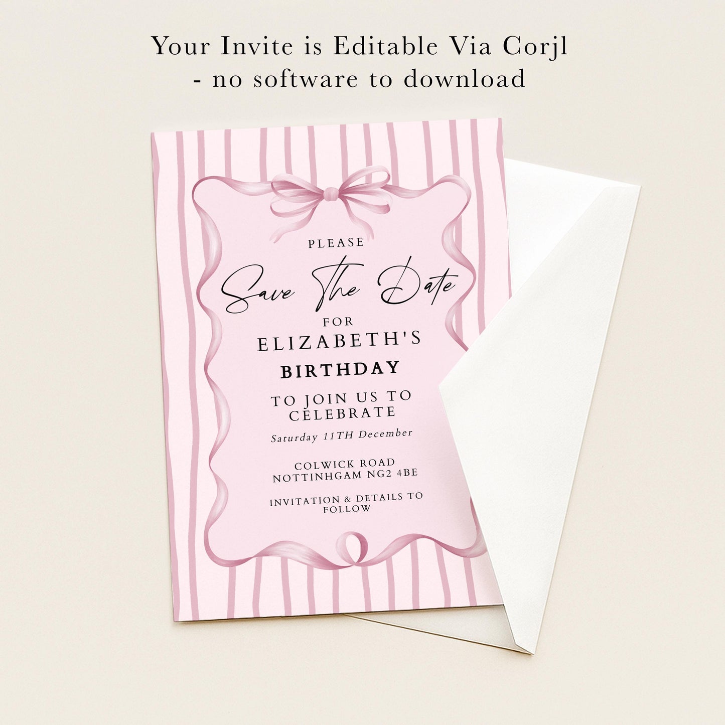 Birthday Save the Date Invitation, Pink Bow Party Invite, Elegant Birthday Save the Date, Editable Corjl Invitation
