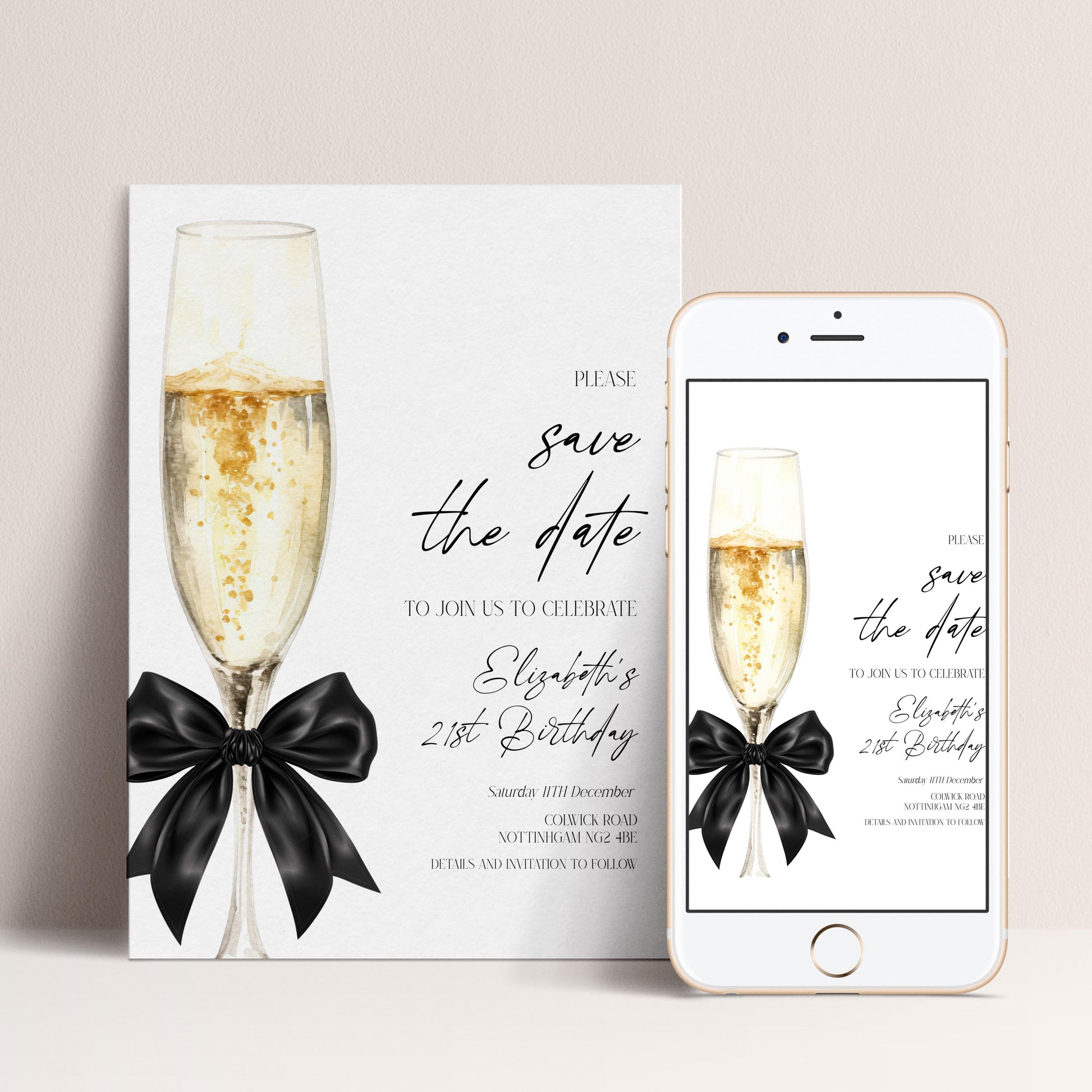 21st Birthday Save the Date, Champagne Party Invitation, Elegant Birthday Save the Date, Editable Corjl Invite
