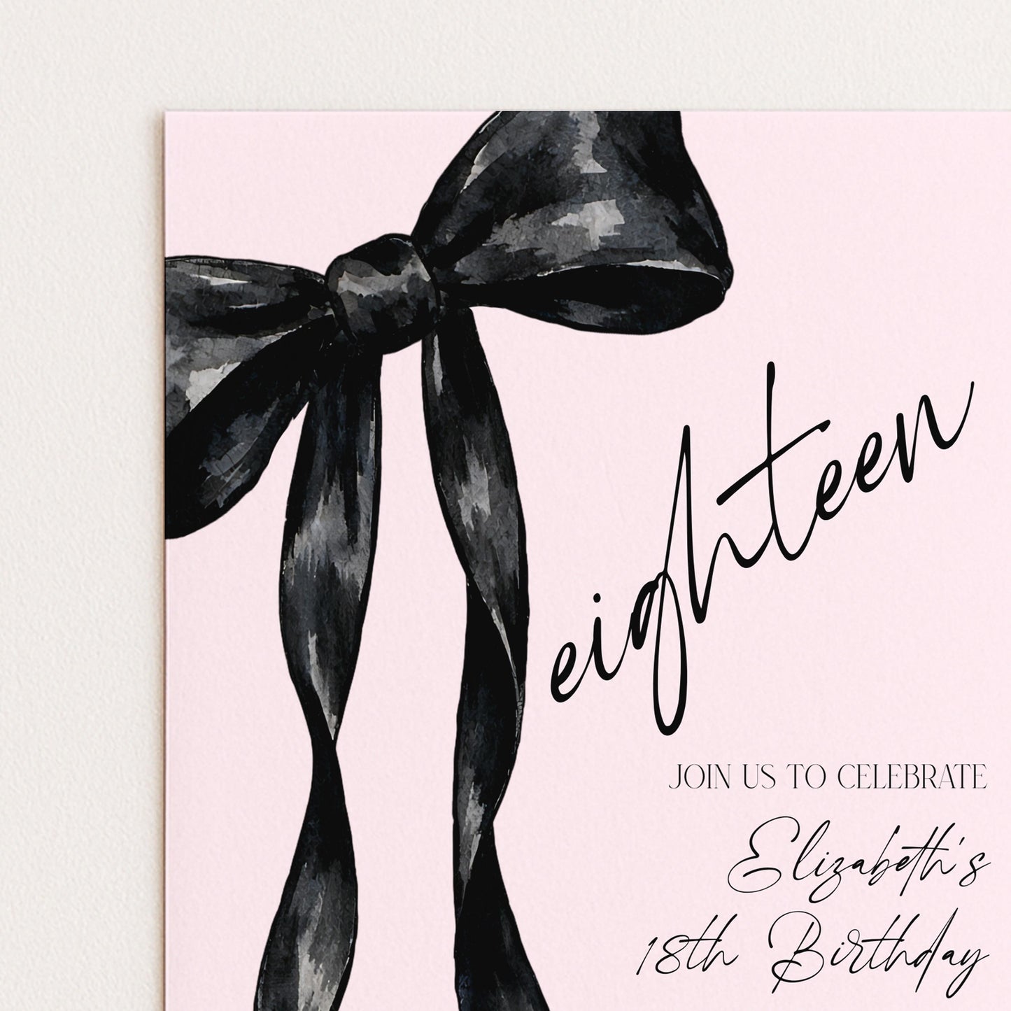 18th Birthday Invitation, Pink Bow Birthday Invite, Editable Eighteen Party Invite, Teen Girl Birthday Invitation, Corjl