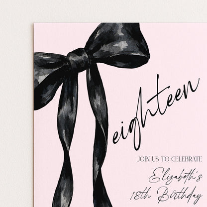 18th Birthday Invitation, Pink Bow Birthday Invite, Editable Eighteen Party Invite, Teen Girl Birthday Invitation, Corjl