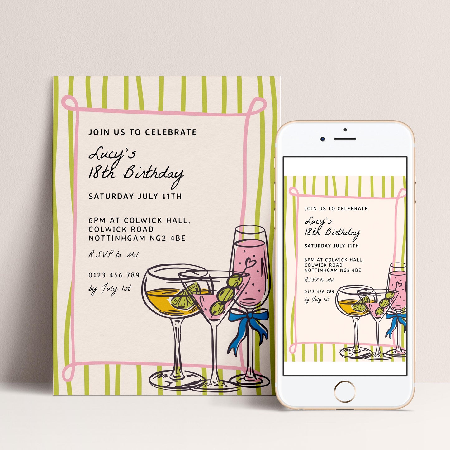 Cocktail 18th Birthday Invitation, Fun Drinks Party Invite, Colourful Adult Birthday Invitation, Editable Birthday Invite, Corjl
