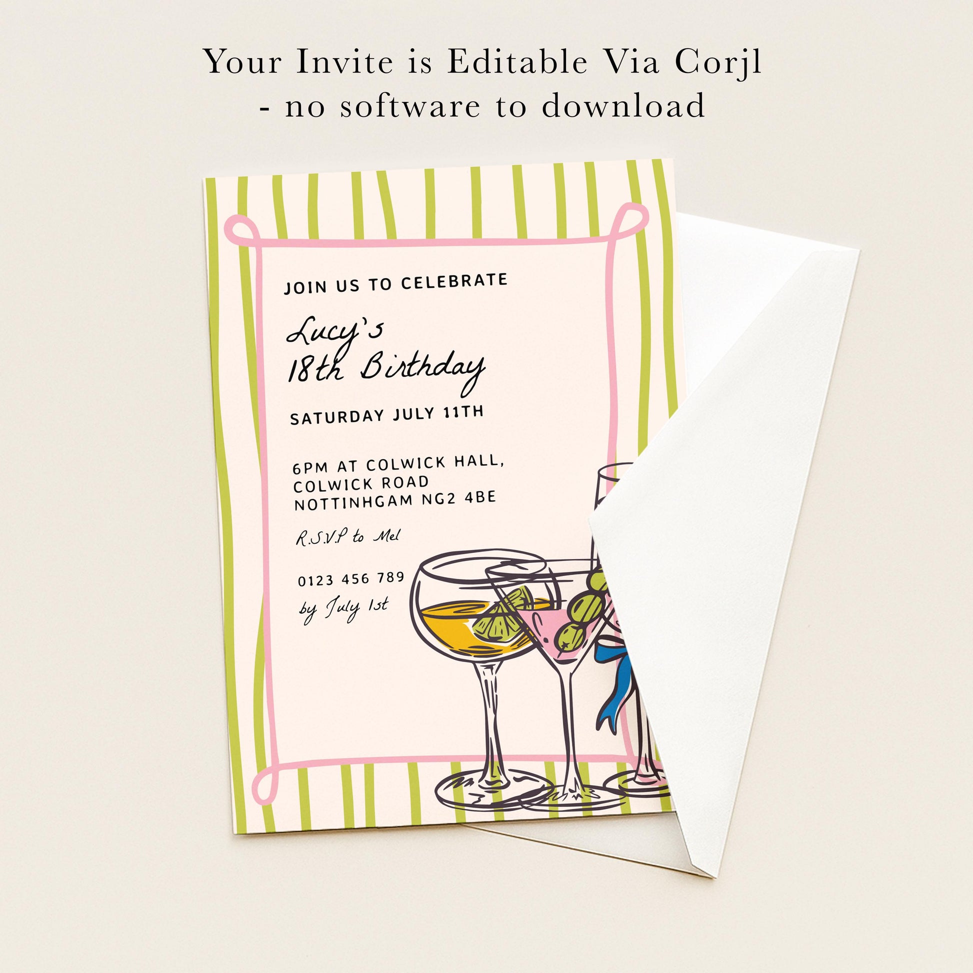 Cocktail 18th Birthday Invitation, Fun Drinks Party Invite, Colourful Adult Birthday Invitation, Editable Birthday Invite, Corjl