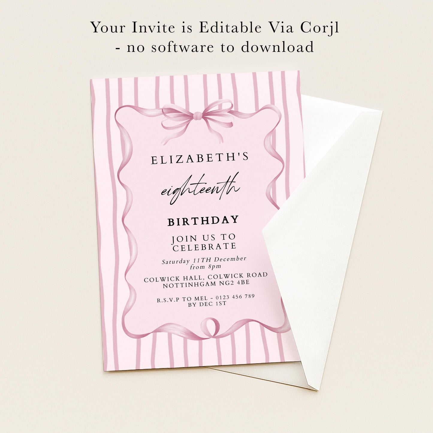 Editable 18th Birthday Invitation, Pink Bow Birthday Invite, Elegant Eighteen Party Invitation, Editable Birthday Invite, Corjl