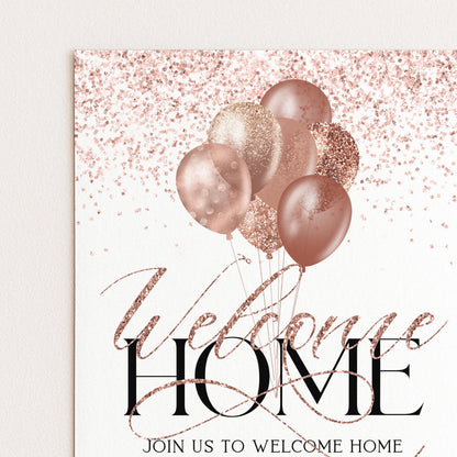 a white background with pink and gold glitter balloons floating above the text "Welcome Home" in a cursive font.