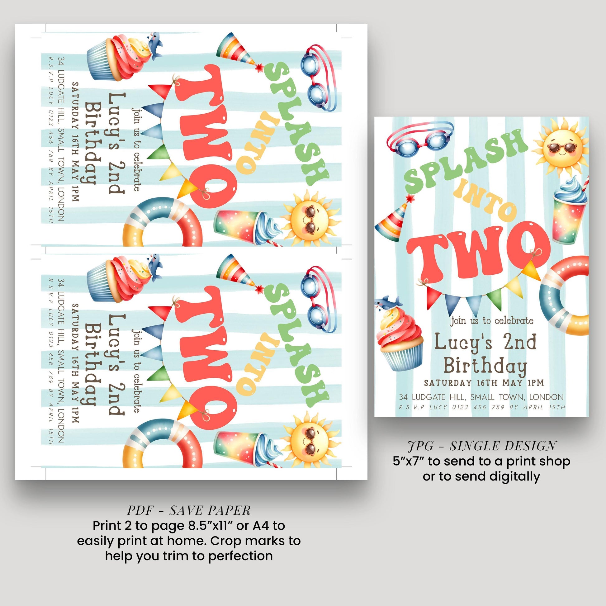 two birthday party invitation designs for a two-year-old's birthday celebration. The designs feature colorful illustrations of party elements such as a sun, cupcakes, and a pool, along with the text "SPLASH into TWO" and "Lucy's 2nd Birthday". The invitation designs are intended to be printed on paper or sent digitally, depending on the user's preference.