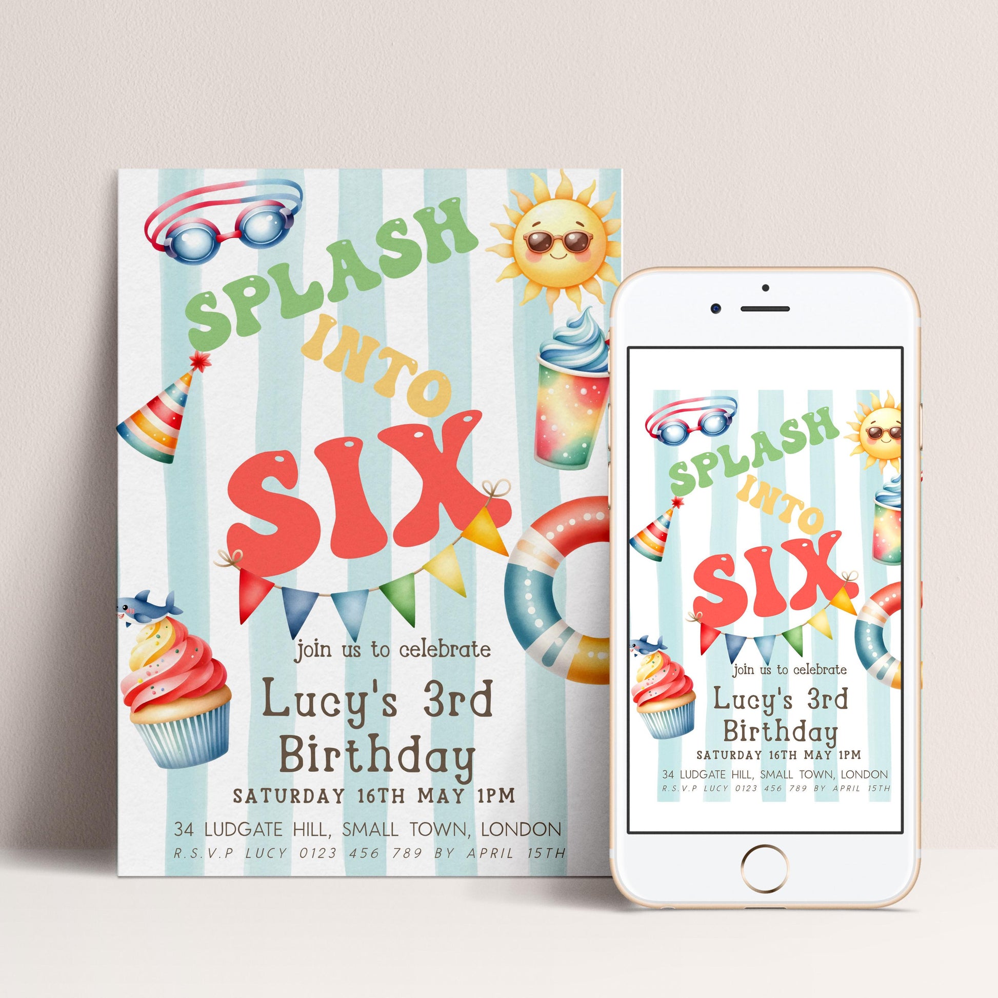 The image is a birthday party invitation for a child's third birthday. It features colorful illustrations of a swimsuit, sunglasses, and a cupcake, along with the text "SPLASH into SIX" and "Lucy's 3rd Birthday".