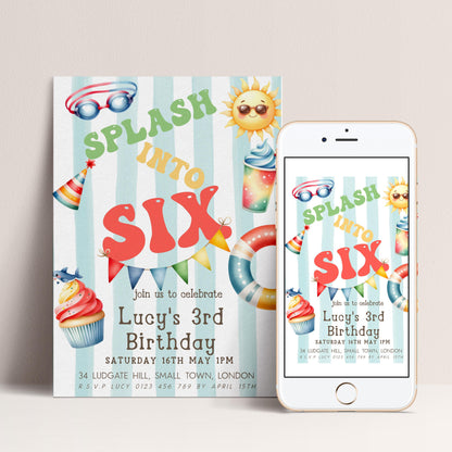 The image is a birthday party invitation for a child's third birthday. It features colorful illustrations of a swimsuit, sunglasses, and a cupcake, along with the text "SPLASH into SIX" and "Lucy's 3rd Birthday".