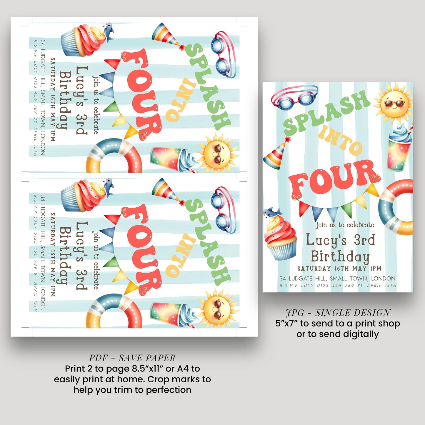 two different designs for a birthday party invitation. The first design is a larger one, while the second design is a smaller one. Both designs feature colorful illustrations of a birthday party theme, including a splash, cupcakes, and other party decorations. The larger design is intended to be printed on paper, while the smaller design is meant to be sent digitally.