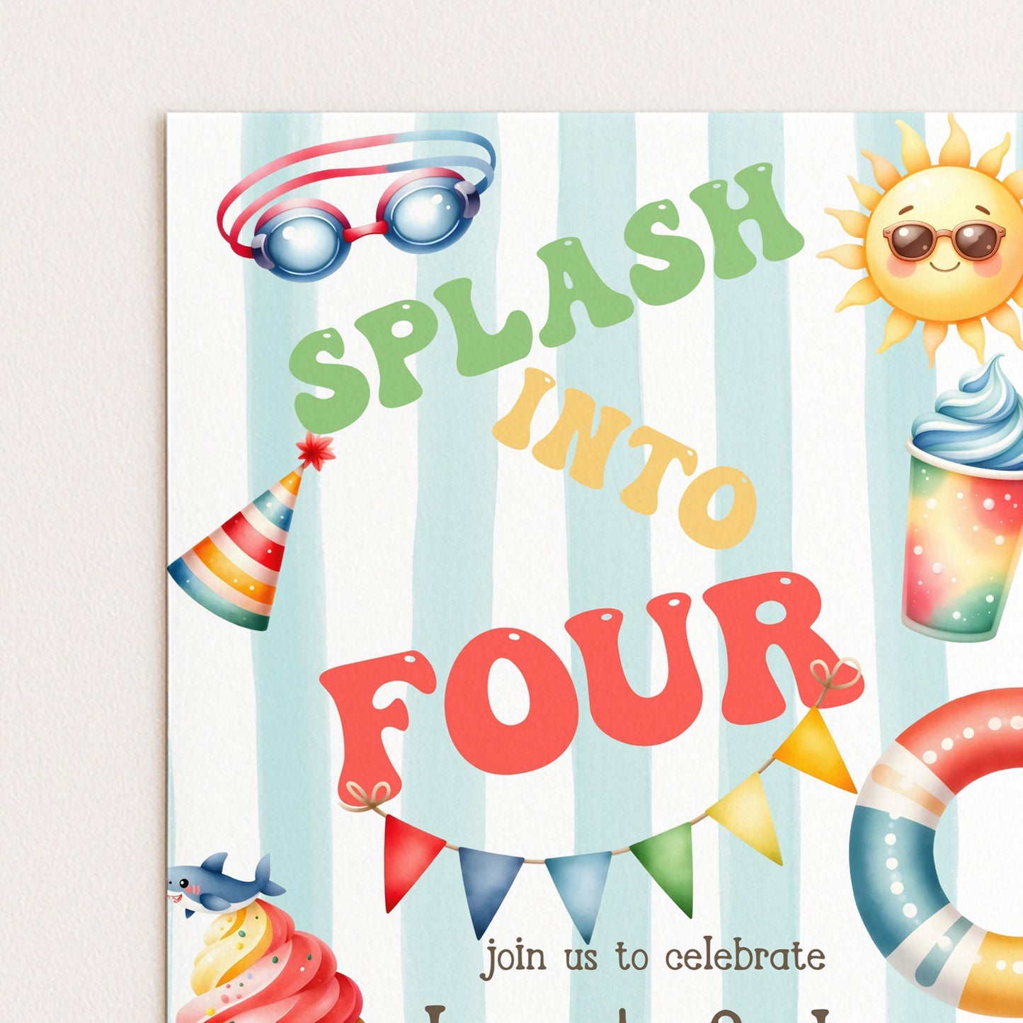 The image is a colorful invitation for a splash party, featuring various summer-themed elements such as sunglasses, a sun, a party hat, a cup of ice cream, a beach ball, and a flip flop.