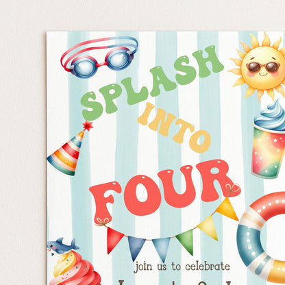 The image is a colorful invitation for a splash party, featuring various summer-themed elements such as sunglasses, a sun, a party hat, a cup of ice cream, a beach ball, and a flip flop.