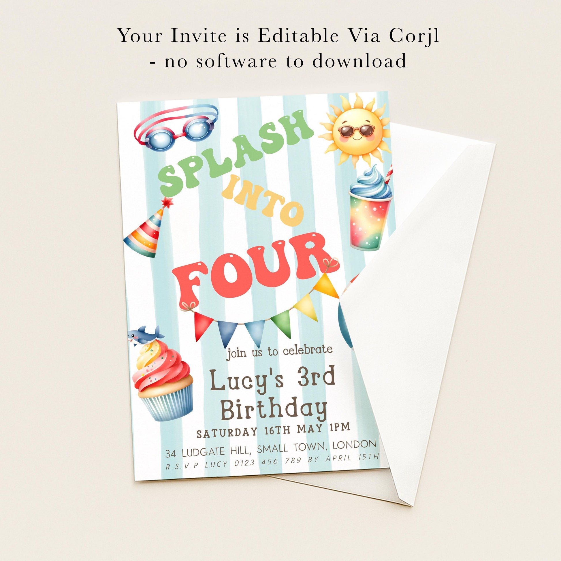 The image is a birthday invitation for a child's third birthday party.