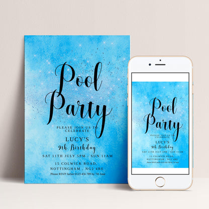 a blue invitation card and a smartphone displaying a birthday party invitation for Lucy's 9th birthday.