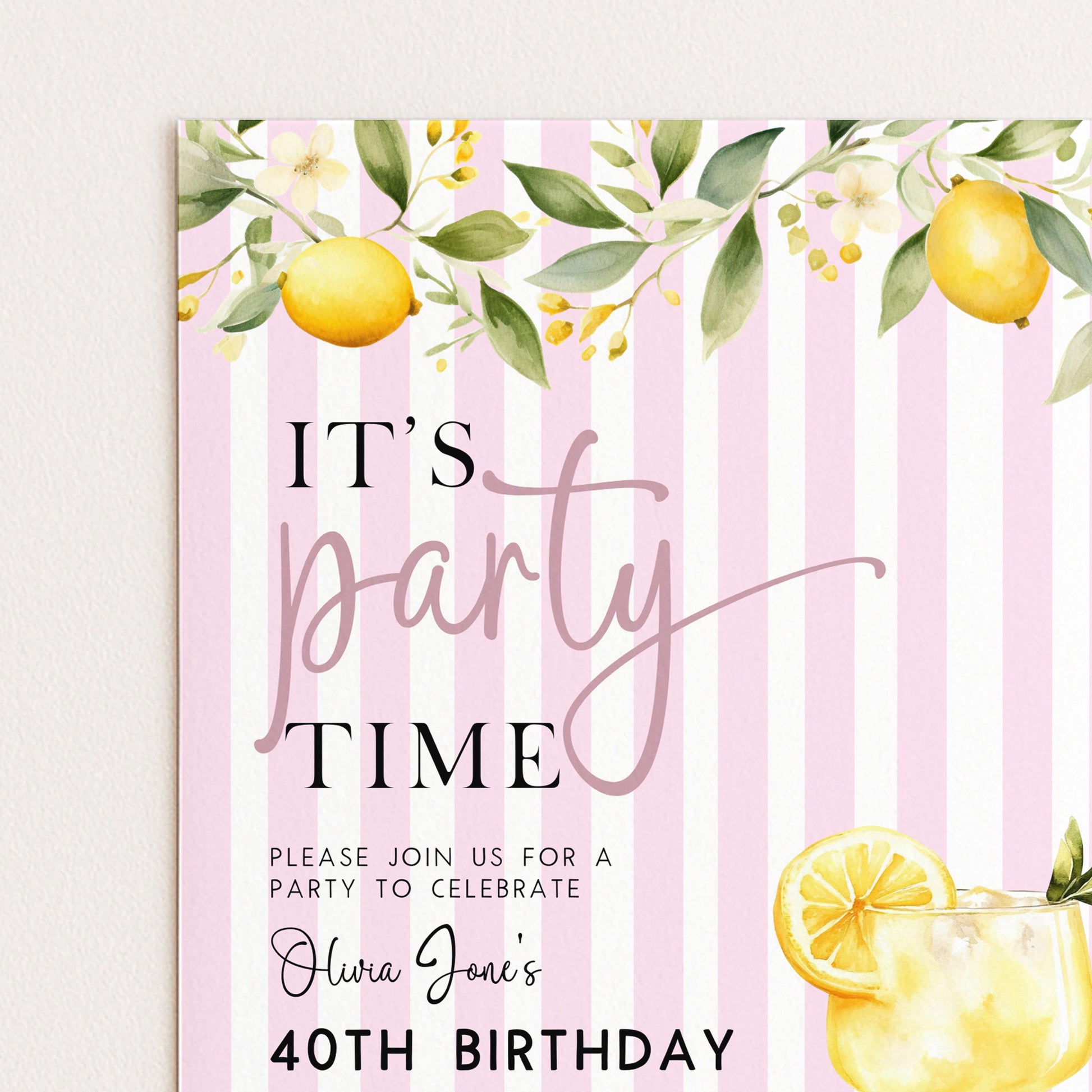 The image is a pink and white striped party invitation for a 40th birthday celebration.
