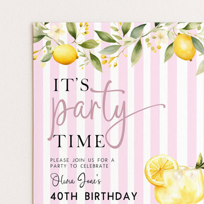 The image is a pink and white striped party invitation for a 40th birthday celebration.