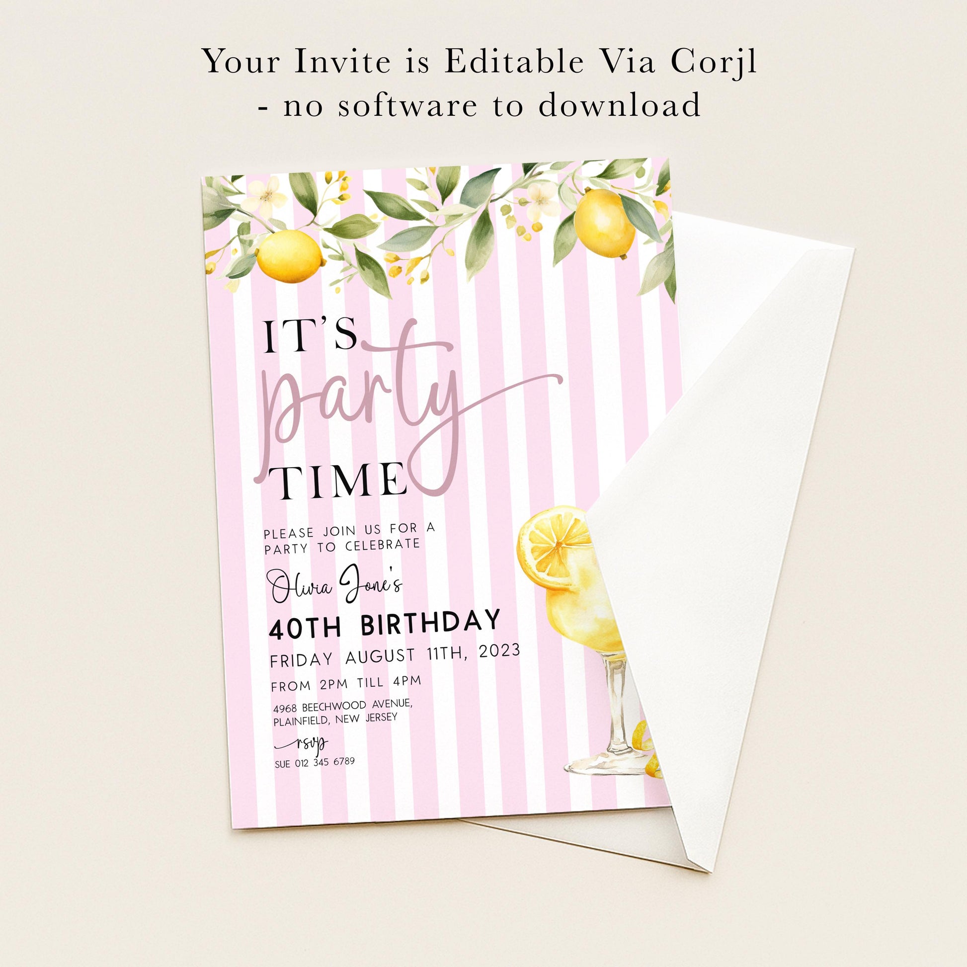 The image is a pink invitation card for a party, featuring a lemon and lime design, and the text "It's party time" along with details about the 40th birthday celebration.