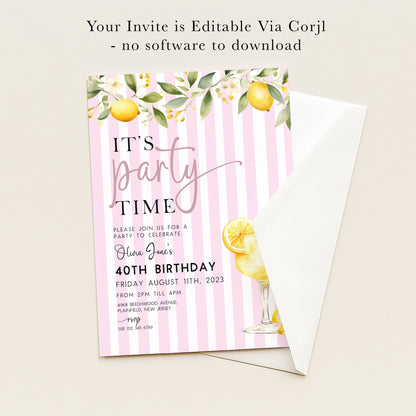 The image is a pink invitation card for a party, featuring a lemon and lime design, and the text "It's party time" along with details about the 40th birthday celebration.