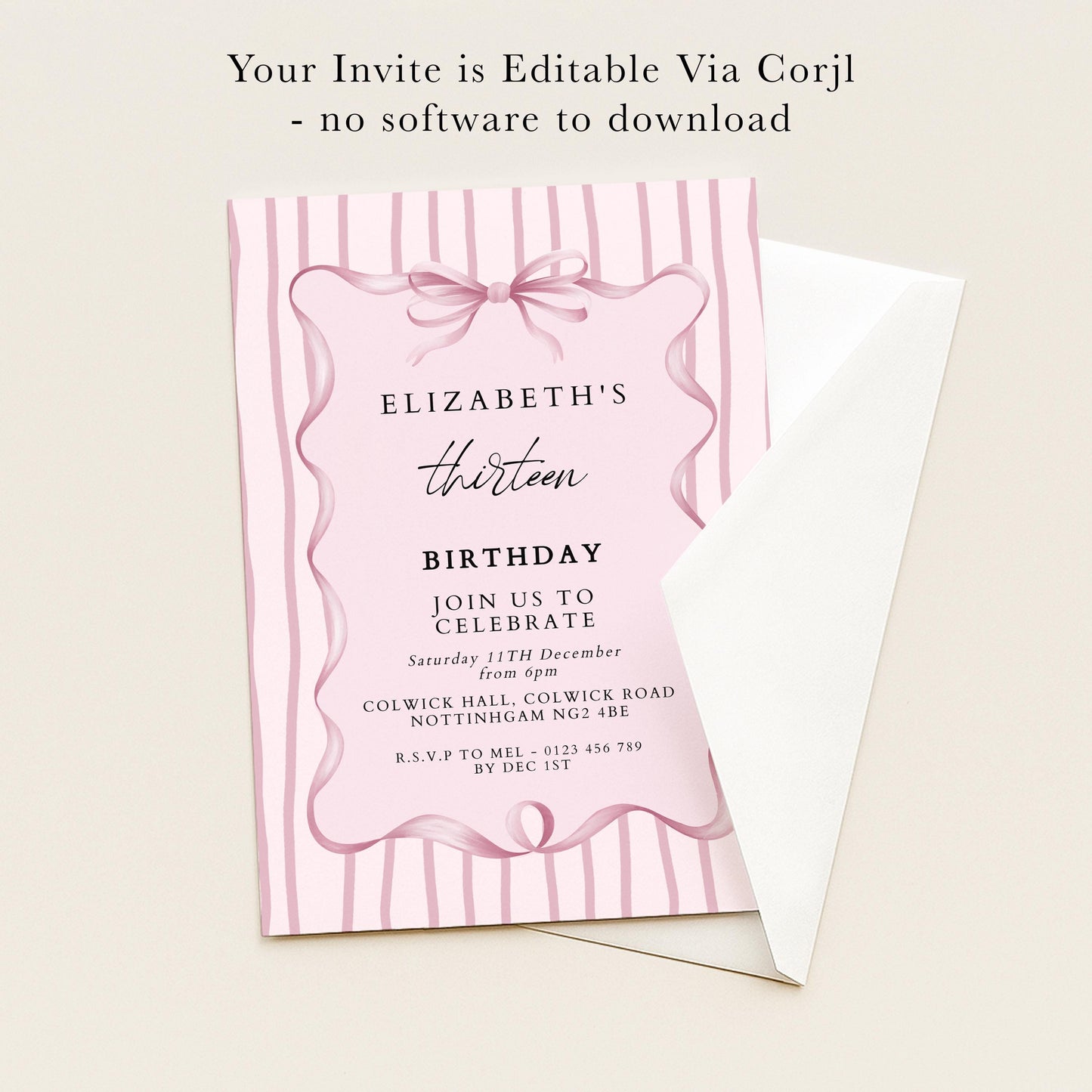 Editable 13th Birthday Invitation, Pink Bow Birthday Invite, Elegant Thirteen Party Invitation, Editable Birthday Invite, Corjl