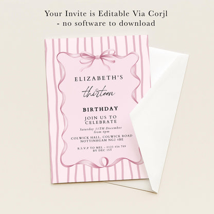 Editable 13th Birthday Invitation, Pink Bow Birthday Invite, Elegant Thirteen Party Invitation, Editable Birthday Invite, Corjl