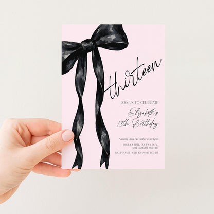13th Birthday Invitation, Pink Bow Birthday Invite, Editable Thirteen Party Invite, Teen Girl Birthday Invitation, Corjl