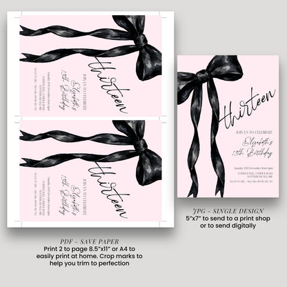 13th Birthday Invitation, Pink Bow Birthday Invite, Editable Thirteen Party Invite, Teen Girl Birthday Invitation, Corjl