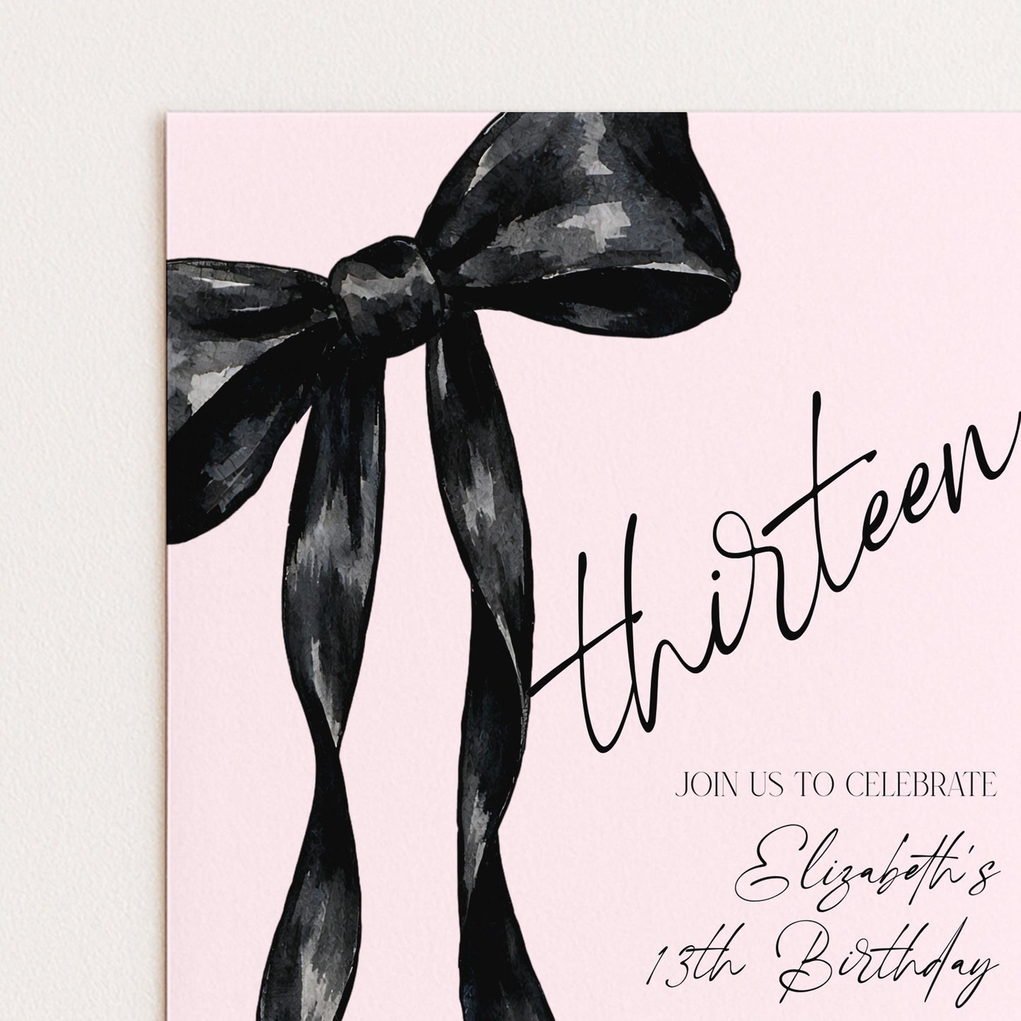 13th Birthday Invitation, Pink Bow Birthday Invite, Editable Thirteen Party Invite, Teen Girl Birthday Invitation, Corjl