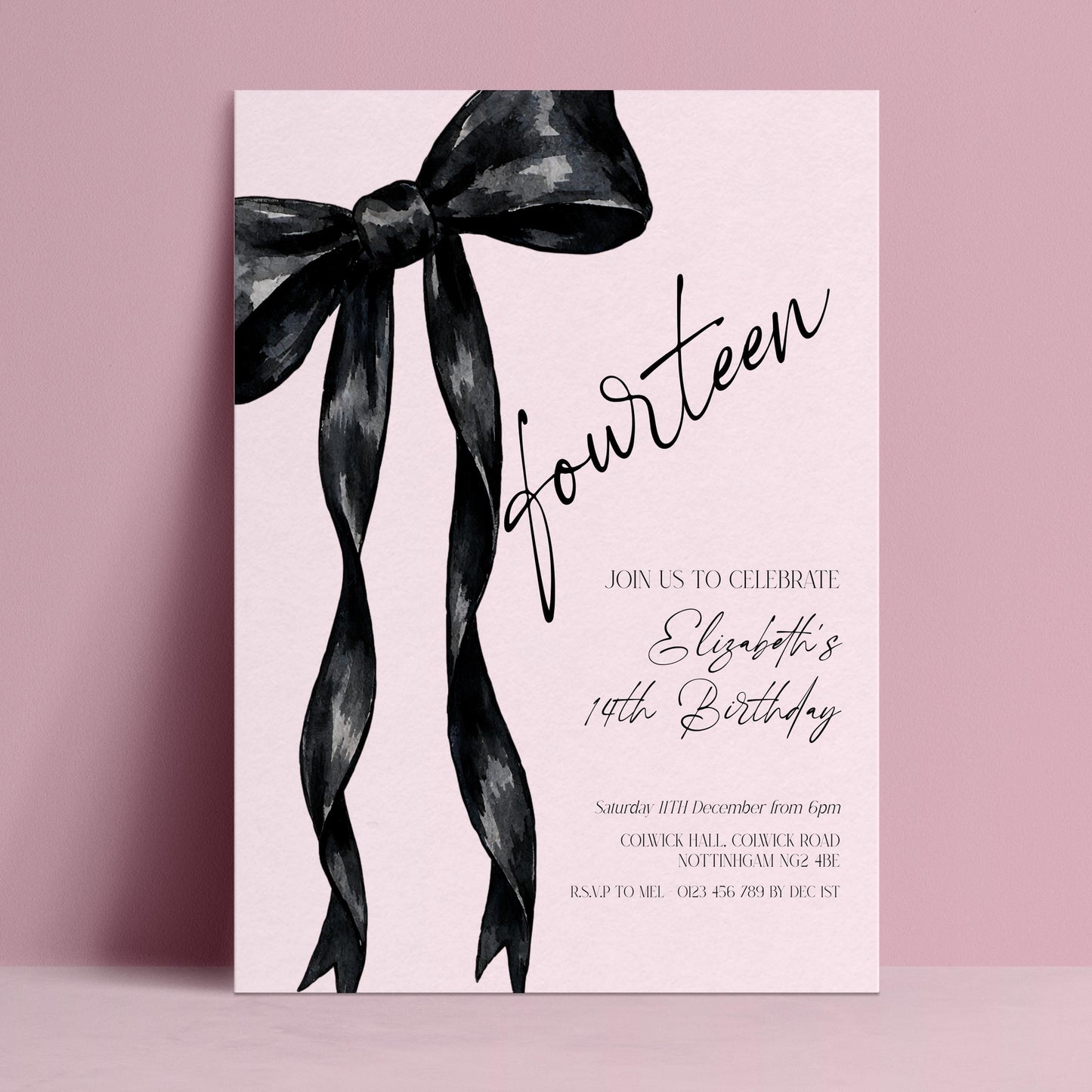 14th Birthday Invitation, Pink Bow Birthday Invite, Editable Fourteen Party Invite, Teen Girl Birthday Invitation, Corjl