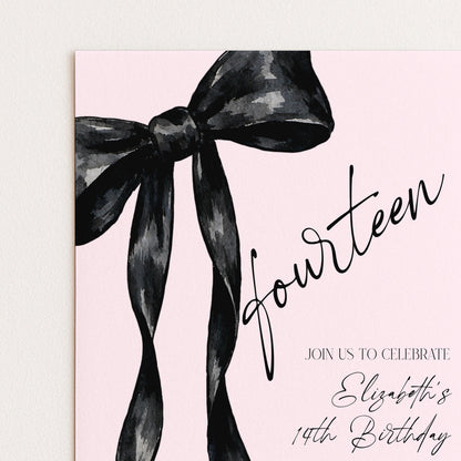 14th Birthday Invitation, Pink Bow Birthday Invite, Editable Fourteen Party Invite, Teen Girl Birthday Invitation, Corjl