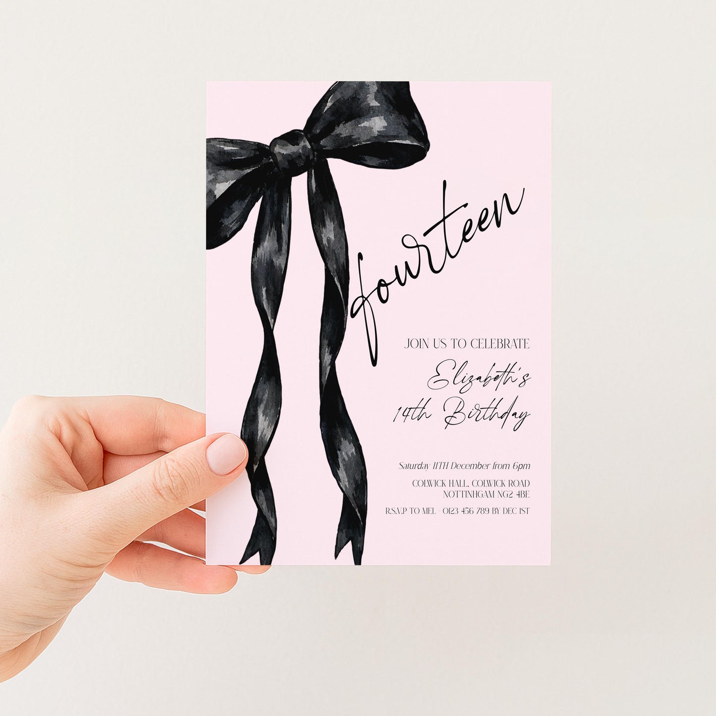 14th Birthday Invitation, Pink Bow Birthday Invite, Editable Fourteen Party Invite, Teen Girl Birthday Invitation, Corjl