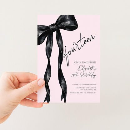 14th Birthday Invitation, Pink Bow Birthday Invite, Editable Fourteen Party Invite, Teen Girl Birthday Invitation, Corjl